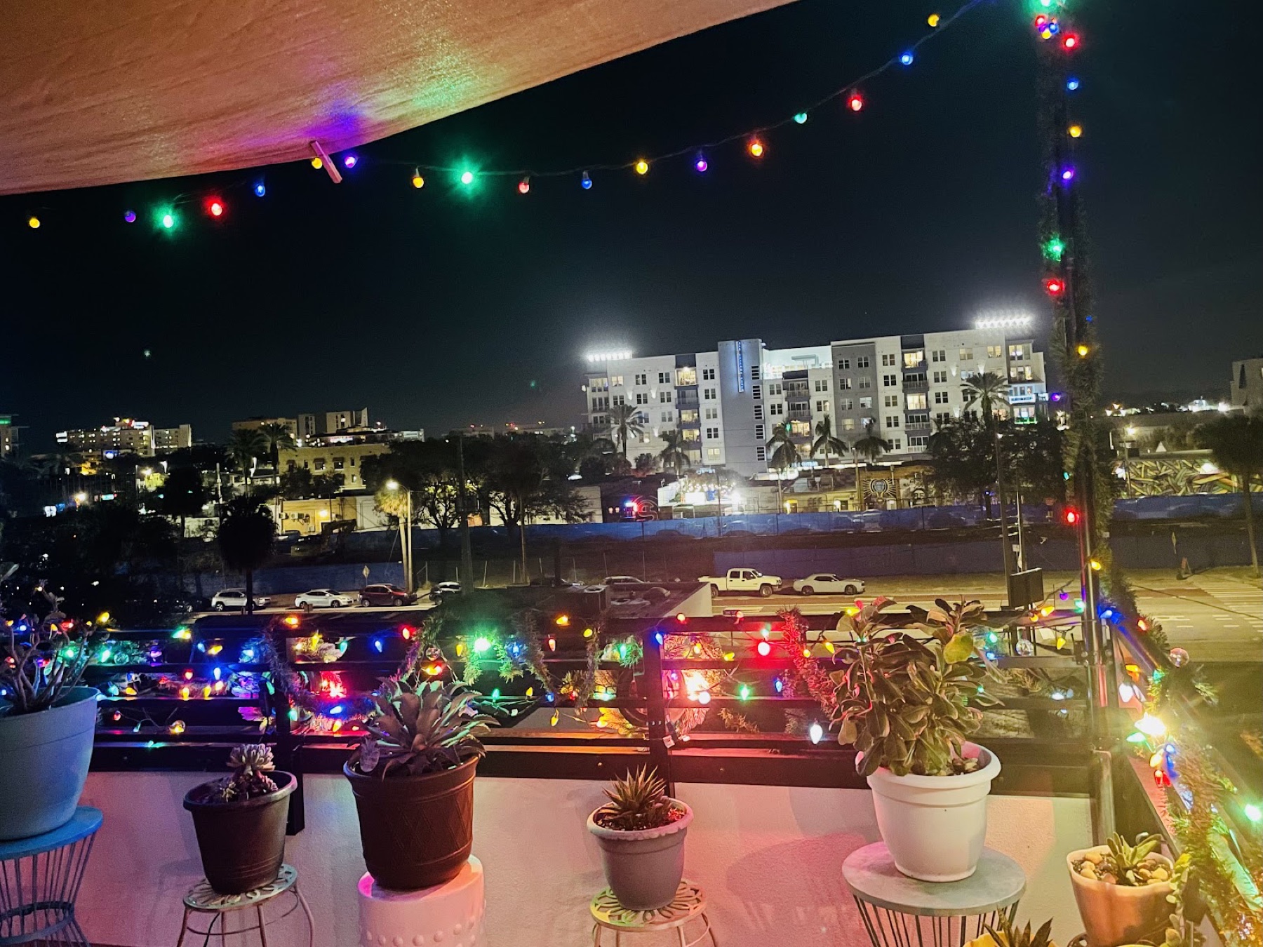 String lights and potted plants on the back patio with the St. Petersburg skyline behind